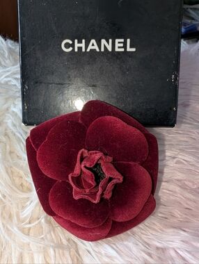 CHANEL Velvet Camellia Brooch in Burgundy